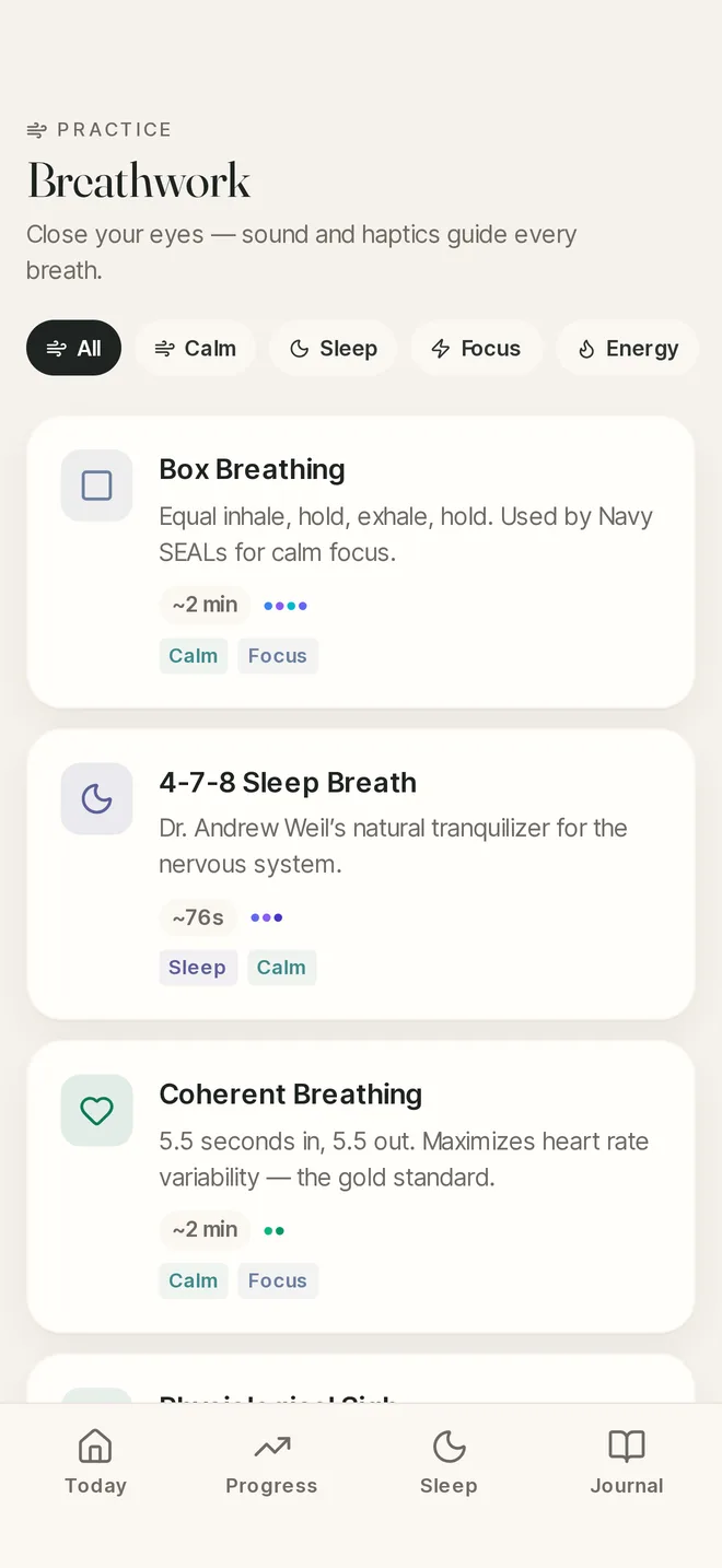 Breathwork library with box breathing and 4-7-8