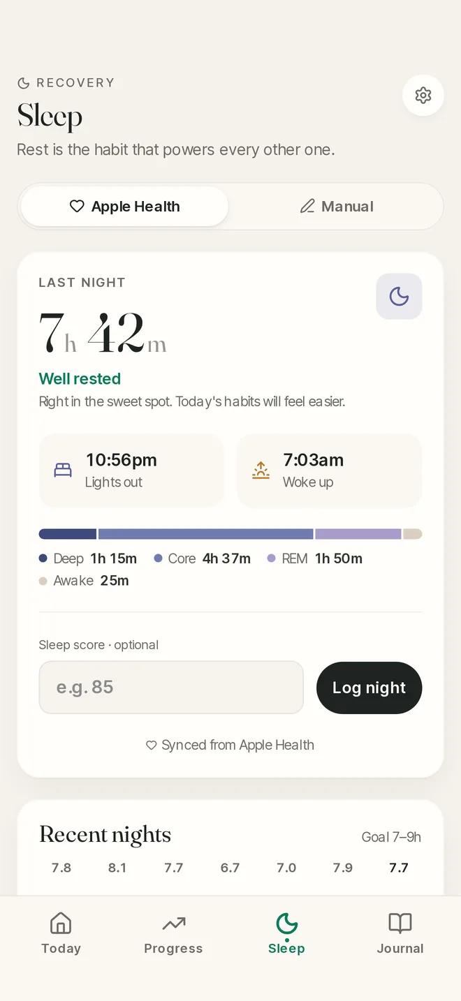 Sleep screen with last night's duration and stages