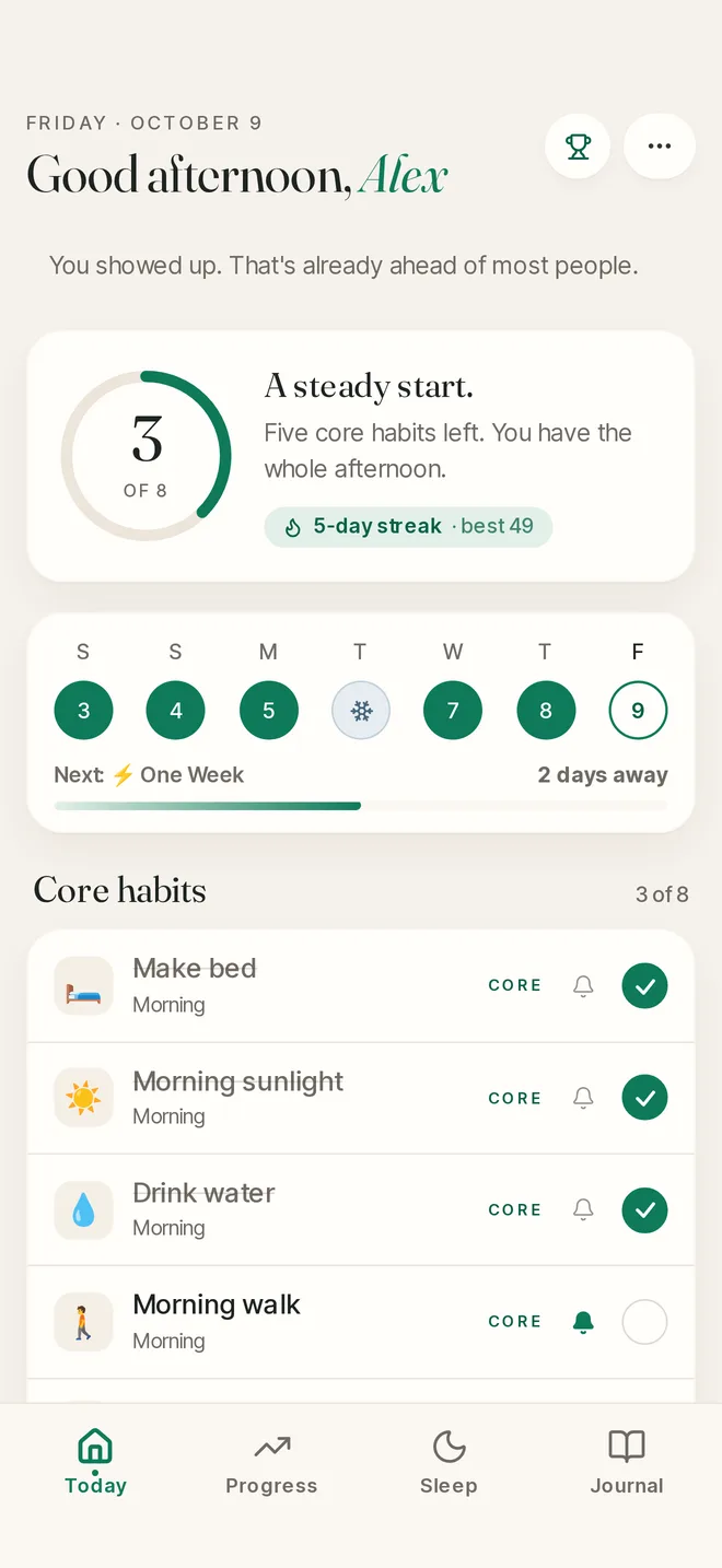 Routines365 Today screen in the Calm Luxe theme